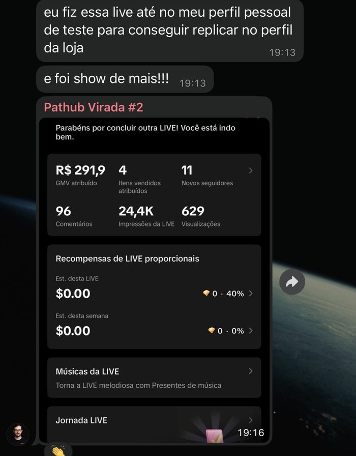 Print de resultado de live, aluno do Virada Seller